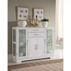 Kings Brand Furniture Santi 4-Door Kitchen Storage Buffet Display Cabinet with Glass Doors, White