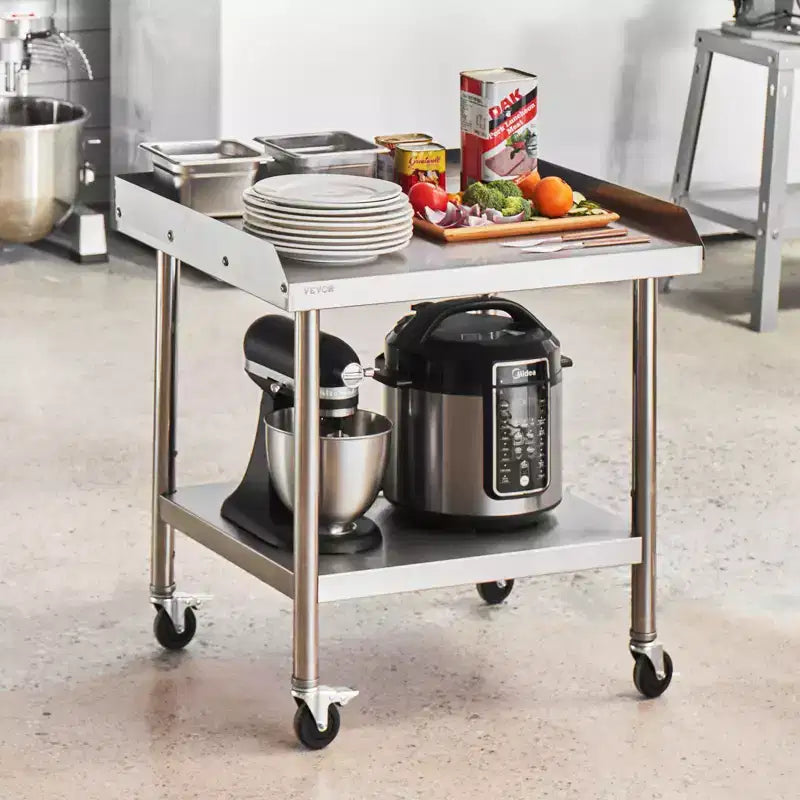 Tavolo da lavoro in acciaio inossidabile, 24 x 28 x 30 pollici, tavolo da lavoro commerciale per la preparazione di alimenti con 4 ruote, rotelle, paraspruzzi su 3 lati, tavolo da lavoro per la preparazione di alimenti resistente