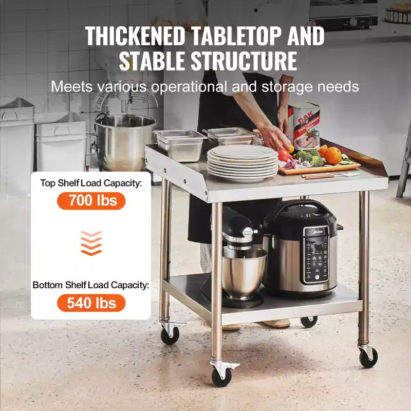 Tavolo da lavoro in acciaio inossidabile, 24 x 28 x 30 pollici, tavolo da lavoro commerciale per la preparazione di alimenti con 4 ruote, rotelle, paraspruzzi su 3 lati, tavolo da lavoro per la preparazione di alimenti resistente