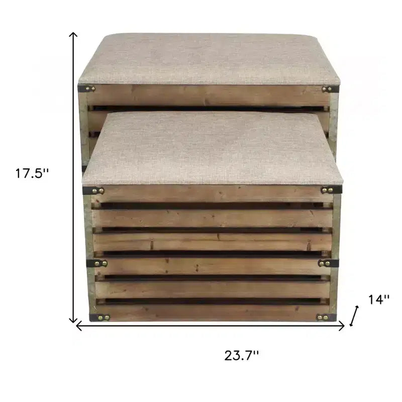 Set di due panche portaoggetti con doghe in legno marrone e rivestimento in tessuto con piano apribile