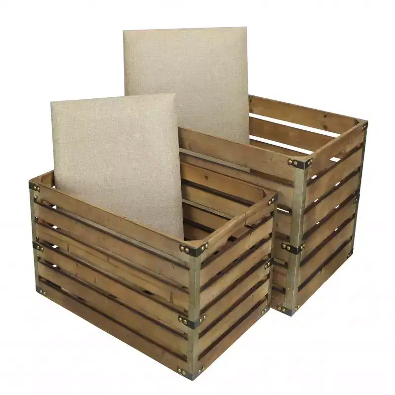 Set di due panche portaoggetti con doghe in legno marrone e rivestimento in tessuto con piano apribile