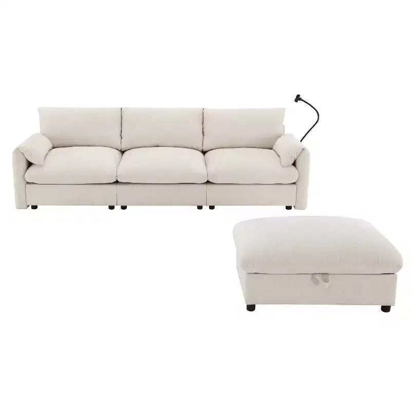 Divano componibile oversize in ciniglia con pouf contenitore e tasche, porta telefono regolabile e porte di ricarica