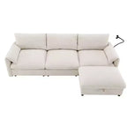 Divano componibile oversize in ciniglia con pouf contenitore e tasche, porta telefono regolabile e porte di ricarica