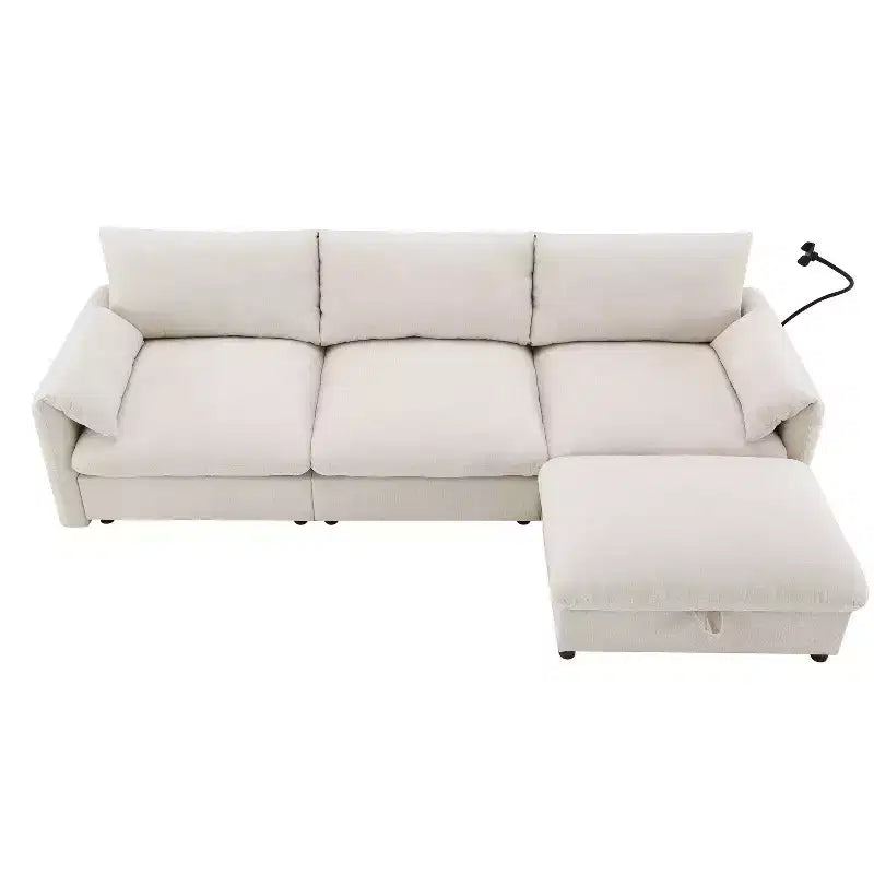 Divano componibile oversize in ciniglia con pouf contenitore e tasche, porta telefono regolabile e porte di ricarica
