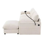 Divano componibile oversize in ciniglia con pouf contenitore e tasche, porta telefono regolabile e porte di ricarica