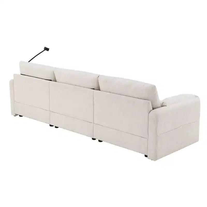 Divano componibile oversize in ciniglia con pouf contenitore e tasche, porta telefono regolabile e porte di ricarica