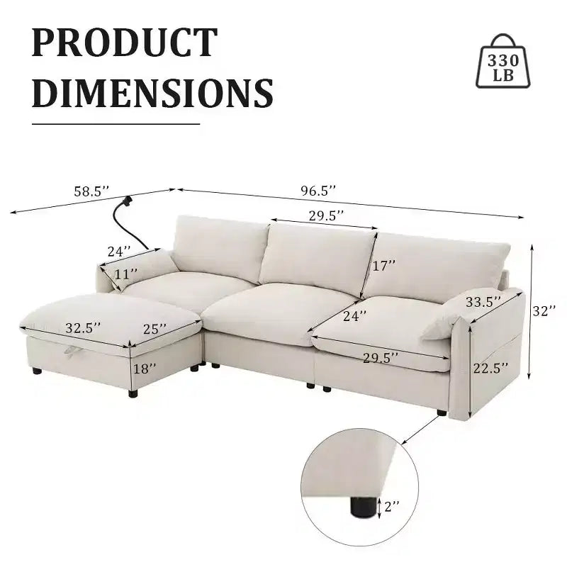 Divano componibile oversize in ciniglia con pouf contenitore e tasche, porta telefono regolabile e porte di ricarica