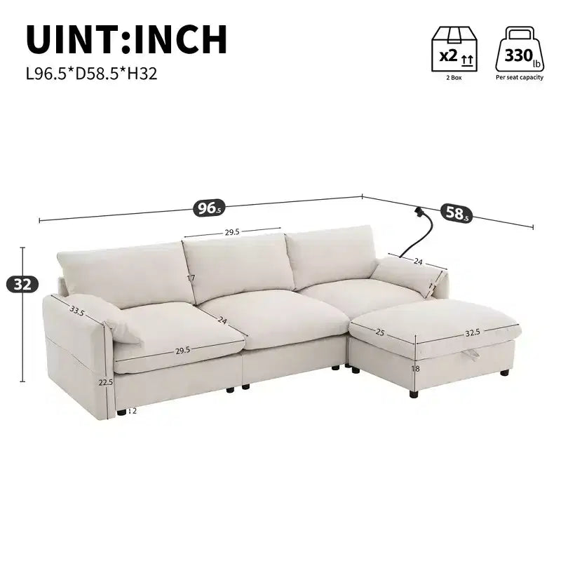 Divano componibile oversize in ciniglia con pouf contenitore e tasche, porta telefono regolabile e porte di ricarica