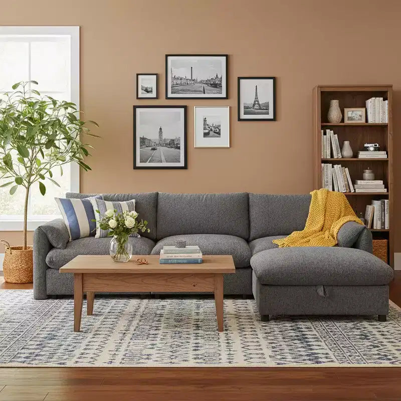 Divano componibile oversize in ciniglia con pouf contenitore e tasche, porta telefono regolabile e porte di ricarica