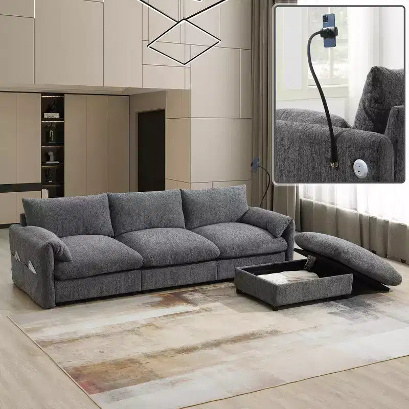 Divano componibile oversize in ciniglia con pouf contenitore e tasche, porta telefono regolabile e porte di ricarica