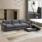 Divano componibile oversize in ciniglia con pouf contenitore e tasche, porta telefono regolabile e porte di ricarica