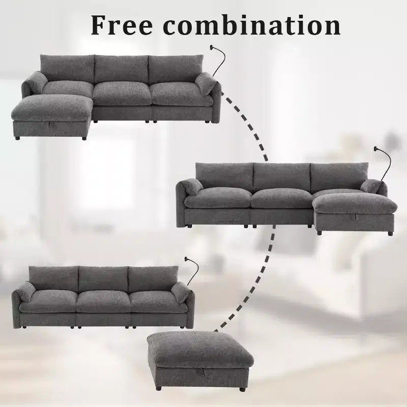 Divano componibile oversize in ciniglia con pouf contenitore e tasche, porta telefono regolabile e porte di ricarica