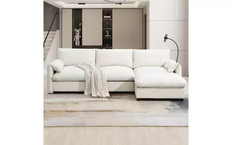 Divano componibile oversize in ciniglia con pouf contenitore e tasche, porta telefono regolabile e porte di ricarica