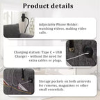 Divano componibile oversize in ciniglia con pouf contenitore e tasche, porta telefono regolabile e porte di ricarica