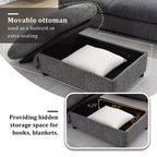 Divano componibile oversize in ciniglia con pouf contenitore e tasche, porta telefono regolabile e porte di ricarica