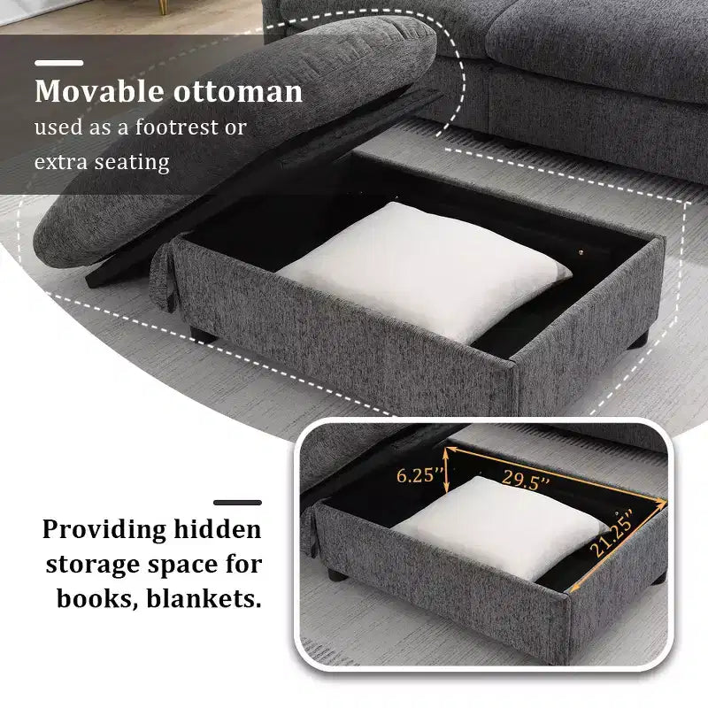 Divano componibile oversize in ciniglia con pouf contenitore e tasche, porta telefono regolabile e porte di ricarica