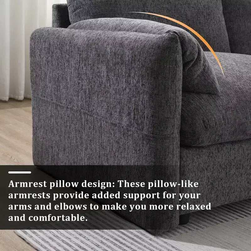 Divano componibile oversize in ciniglia con pouf contenitore e tasche, porta telefono regolabile e porte di ricarica