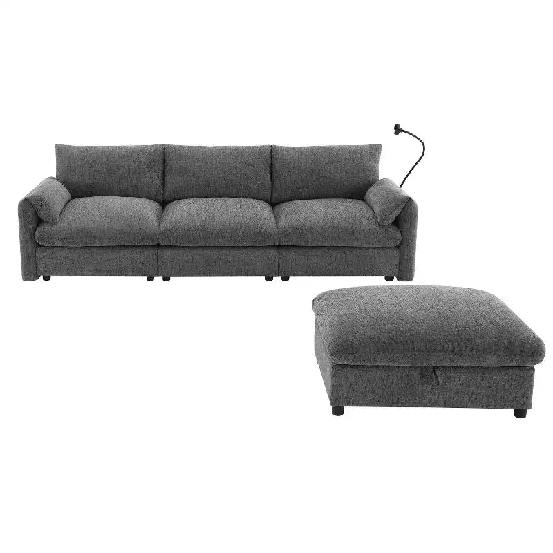 Divano componibile oversize in ciniglia con pouf contenitore e tasche, porta telefono regolabile e porte di ricarica