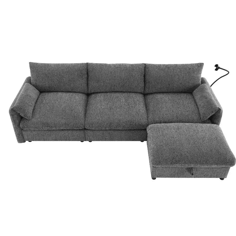 Divano componibile oversize in ciniglia con pouf contenitore e tasche, porta telefono regolabile e porte di ricarica