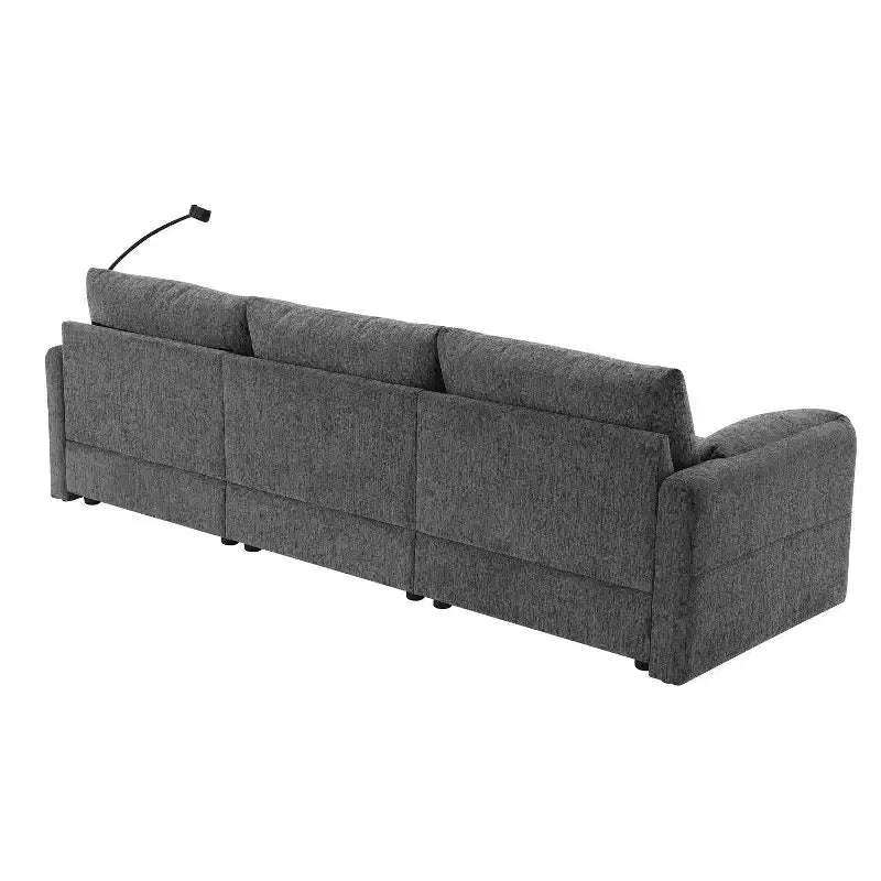 Divano componibile oversize in ciniglia con pouf contenitore e tasche, porta telefono regolabile e porte di ricarica