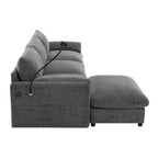 Divano componibile oversize in ciniglia con pouf contenitore e tasche, porta telefono regolabile e porte di ricarica