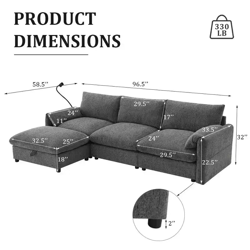 Divano componibile oversize in ciniglia con pouf contenitore e tasche, porta telefono regolabile e porte di ricarica