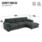 Divano componibile oversize in ciniglia con pouf contenitore e tasche, porta telefono regolabile e porte di ricarica