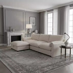 Divano componibile oversize in ciniglia con pouf contenitore e tasche, porta telefono regolabile e porte di ricarica