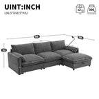 Divano componibile oversize in ciniglia con pouf contenitore e tasche, porta telefono regolabile e porte di ricarica