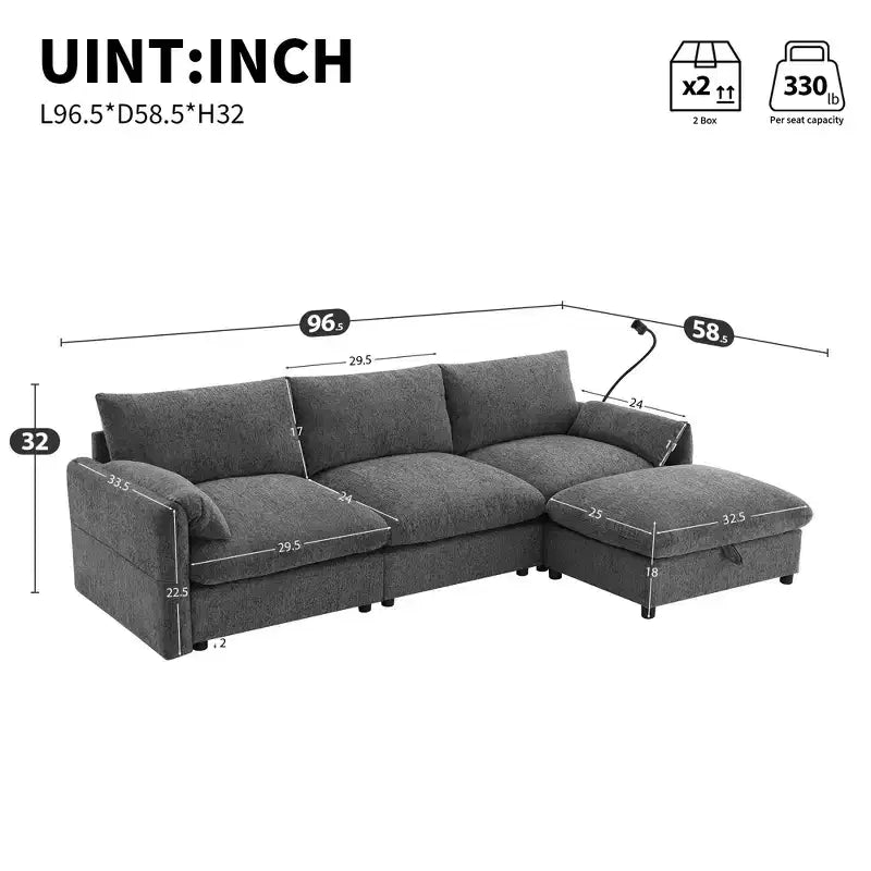 Divano componibile oversize in ciniglia con pouf contenitore e tasche, porta telefono regolabile e porte di ricarica