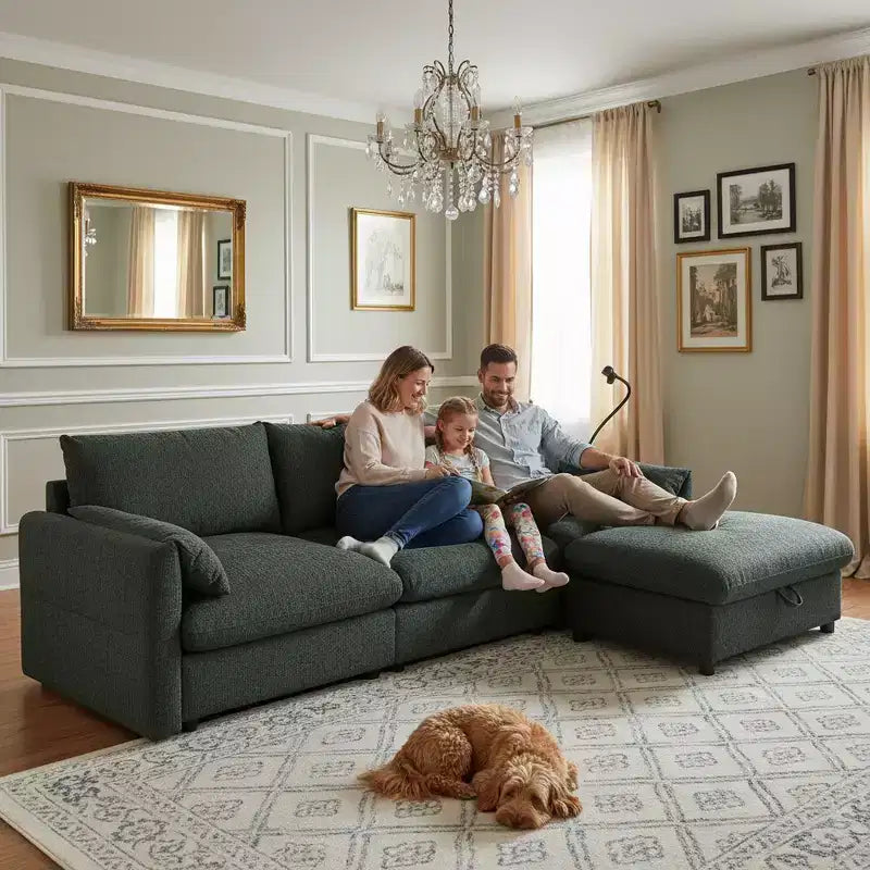 Divano componibile oversize in ciniglia con pouf contenitore e tasche, porta telefono regolabile e porte di ricarica