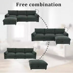 Divano componibile oversize in ciniglia con pouf contenitore e tasche, porta telefono regolabile e porte di ricarica