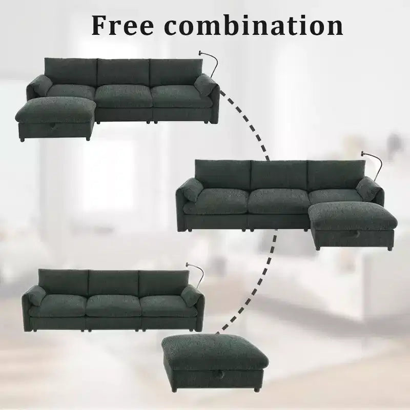 Divano componibile oversize in ciniglia con pouf contenitore e tasche, porta telefono regolabile e porte di ricarica