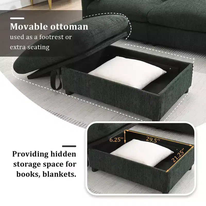Divano componibile oversize in ciniglia con pouf contenitore e tasche, porta telefono regolabile e porte di ricarica
