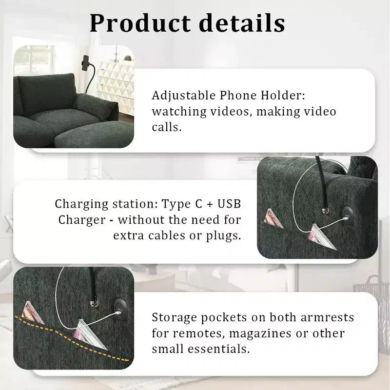 Divano componibile oversize in ciniglia con pouf contenitore e tasche, porta telefono regolabile e porte di ricarica