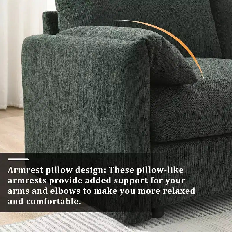 Divano componibile oversize in ciniglia con pouf contenitore e tasche, porta telefono regolabile e porte di ricarica