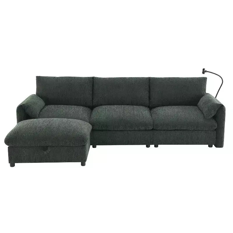 Divano componibile oversize in ciniglia con pouf contenitore e tasche, porta telefono regolabile e porte di ricarica