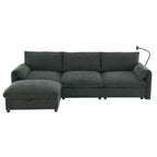 Divano componibile oversize in ciniglia con pouf contenitore e tasche, porta telefono regolabile e porte di ricarica