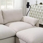 Divano componibile oversize in ciniglia con pouf contenitore e tasche, porta telefono regolabile e porte di ricarica
