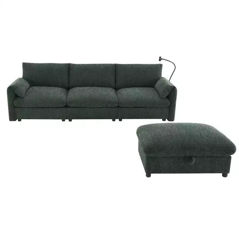 Divano componibile oversize in ciniglia con pouf contenitore e tasche, porta telefono regolabile e porte di ricarica