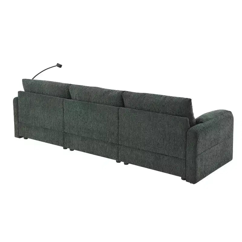 Divano componibile oversize in ciniglia con pouf contenitore e tasche, porta telefono regolabile e porte di ricarica