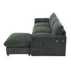 Divano componibile oversize in ciniglia con pouf contenitore e tasche, porta telefono regolabile e porte di ricarica