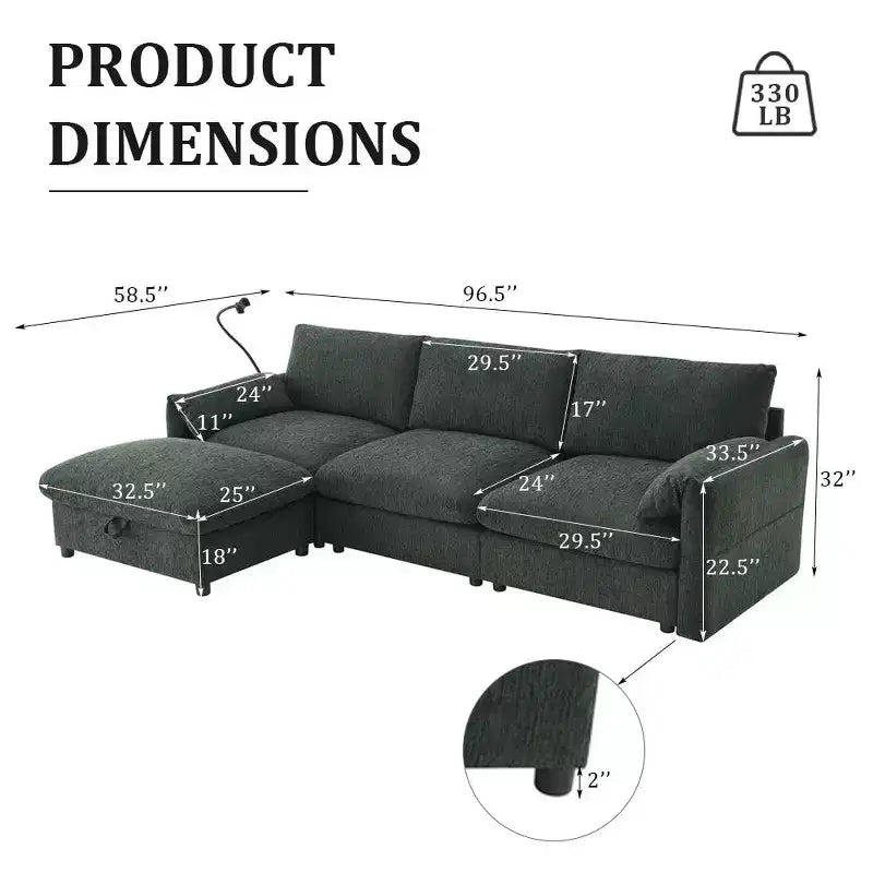 Divano componibile oversize in ciniglia con pouf contenitore e tasche, porta telefono regolabile e porte di ricarica