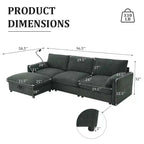 Divano componibile oversize in ciniglia con pouf contenitore e tasche, porta telefono regolabile e porte di ricarica
