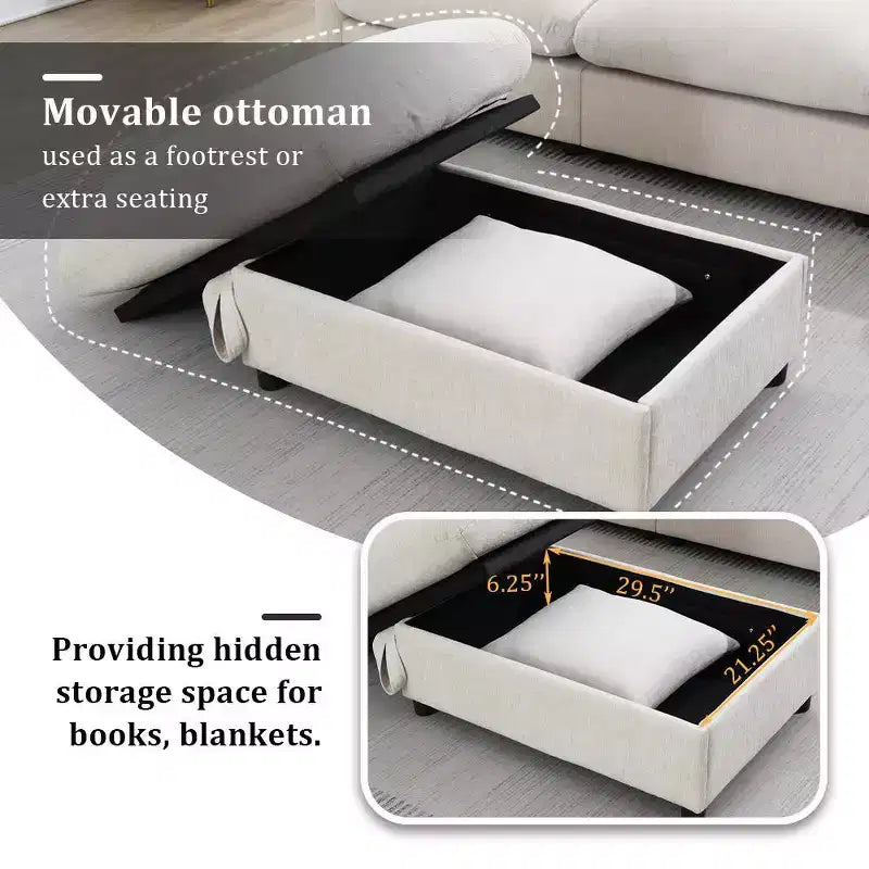 Divano componibile oversize in ciniglia con pouf contenitore e tasche, porta telefono regolabile e porte di ricarica