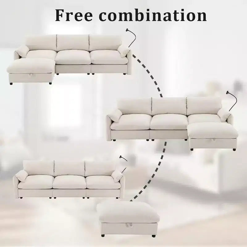 Divano componibile oversize in ciniglia con pouf contenitore e tasche, porta telefono regolabile e porte di ricarica
