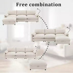 Divano componibile oversize in ciniglia con pouf contenitore e tasche, porta telefono regolabile e porte di ricarica