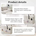 Divano componibile oversize in ciniglia con pouf contenitore e tasche, porta telefono regolabile e porte di ricarica