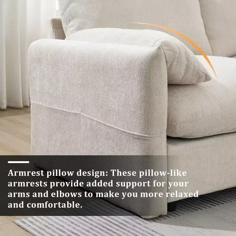 Divano componibile oversize in ciniglia con pouf contenitore e tasche, porta telefono regolabile e porte di ricarica