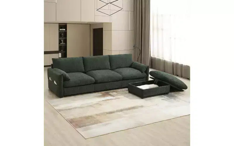 Divano componibile oversize in ciniglia con pouf contenitore e tasche, porta telefono regolabile e porte di ricarica
